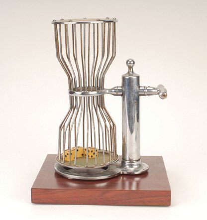 Gaffed Chuck-a-Luck Cage. Mason & Co., Newark 1920: Gaffed Chuck-a-Luck Cage. Mason & Co., Newark NJ, ca. 1920. With three magnetic dice and magnetic base. Attach the magnetic base under the table and move cage over it when high numbers are desired, or