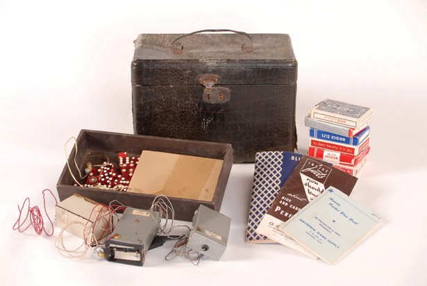Cheater’s portable toolkit. American, ca. 1970s.: Cheater’s portable toolkit. American, ca. 1970s. Cloth-covered wooden box that contains the tools of the cheater’s trade, among them playing cards and dice both gaffed and square, three components