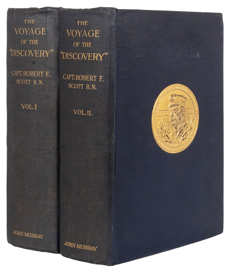 SCOTT, Robert Falcon (1868-1912). The Voyage of the ‘Discov...: SCOTT, Robert Falcon (1868-1912). The Voyage of the ‘Discovery'. London: John Murray, 1905. 2 volumes, royal 8vo. Photogravure frontispieces, 12 color-printed plates, 5 maps (2 folding in rear p