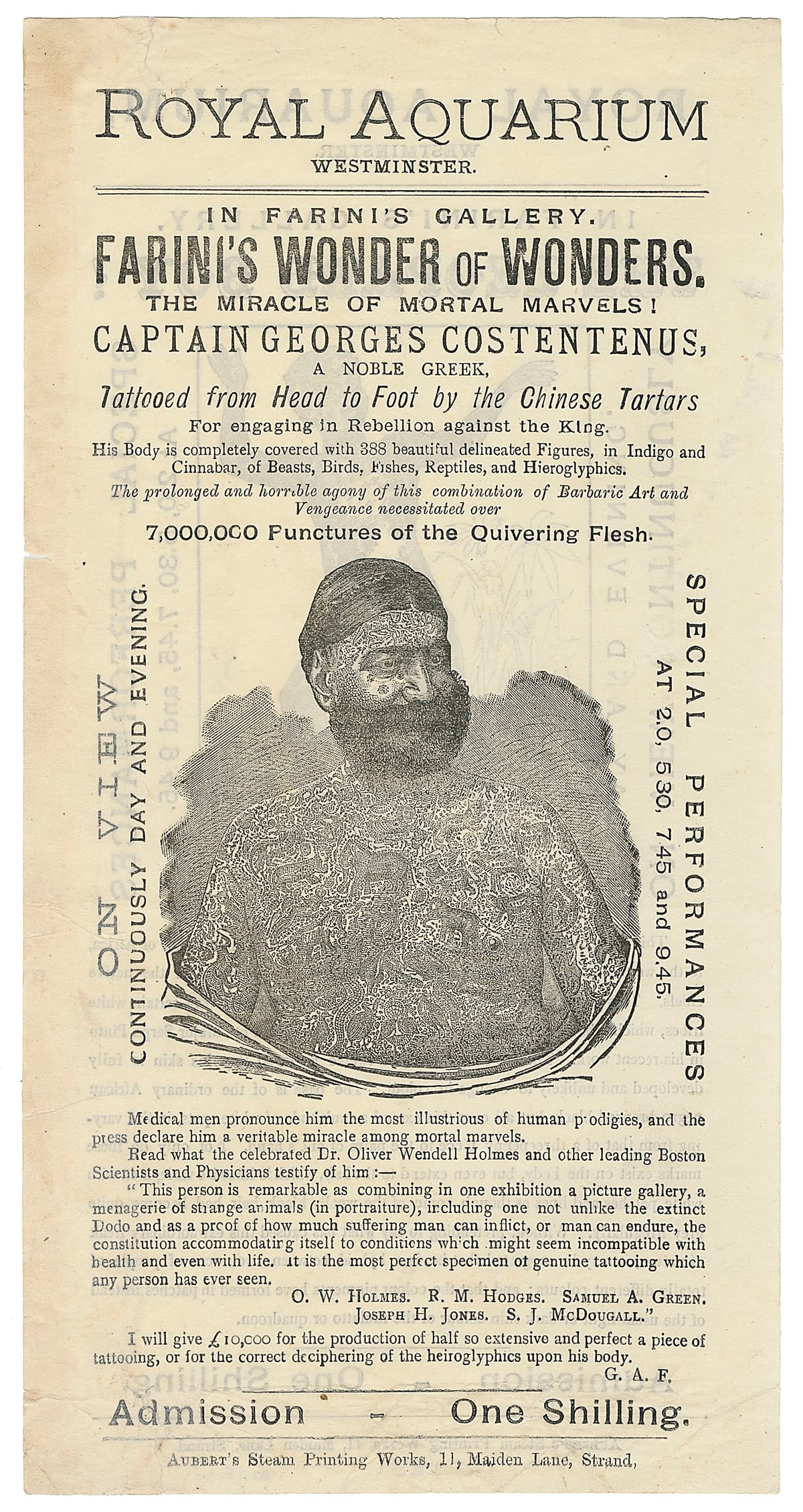 [TATTOO]. Royal Aquarium Westminster / Captain Georges Cost...: [TATTOO] ROYAL AQUARIUM WESTMINSTER / CAPTAIN GEORGES COSTENTENUS, A NOBLE GREEK, TATTOOED FROM HEAD TO FOOT BY THE CHINESE TARTARS. [London]: Aubert’s Steam Printing Works, ca. 1880s. Handbill