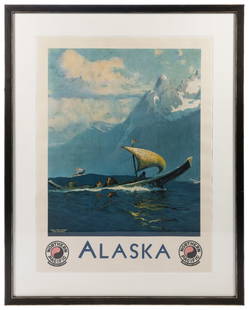 LAURENCE, Sydney (1865–1940). Alaska / Northern Pacific. St...: LAURENCE, Sydney (1865–1940). Alaska / Northern Pacific. St. Paul: Brown & Bigelow, ca. 1931. Image of an indigenous Alaskan canoe sailing near a mountain. Sight 40 x 30”. Framed and