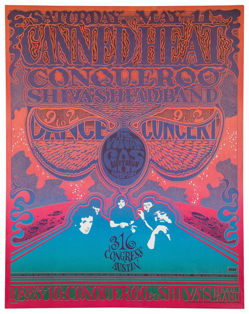 SHELTON, Gilbert (b. 1940). Canned Heat, Conqueroo, and Shi...: SHELTON, Gilbert (b. 1940). Canned Heat, Conqueroo, and Shiva’s Head Band Dance Concert. 1968. Austin: The Vulcan Gas Company. VG 21. Color concert poster with performing acts from Canned Heat,