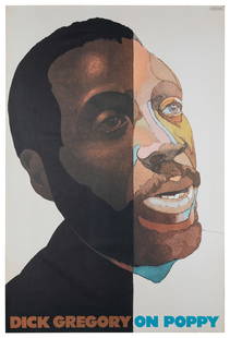 GLASER, Milton (1929-2020). Dick Gregory on Poppy. [1969]. ...: GLASER, Milton (1929-2020). Dick Gregory on Poppy. [1969]. Offset lithograph poster with a bust portrait of Dick Gregory. Milton Glaser was known for creating the &#8220;I Love New York&#8221; logo an