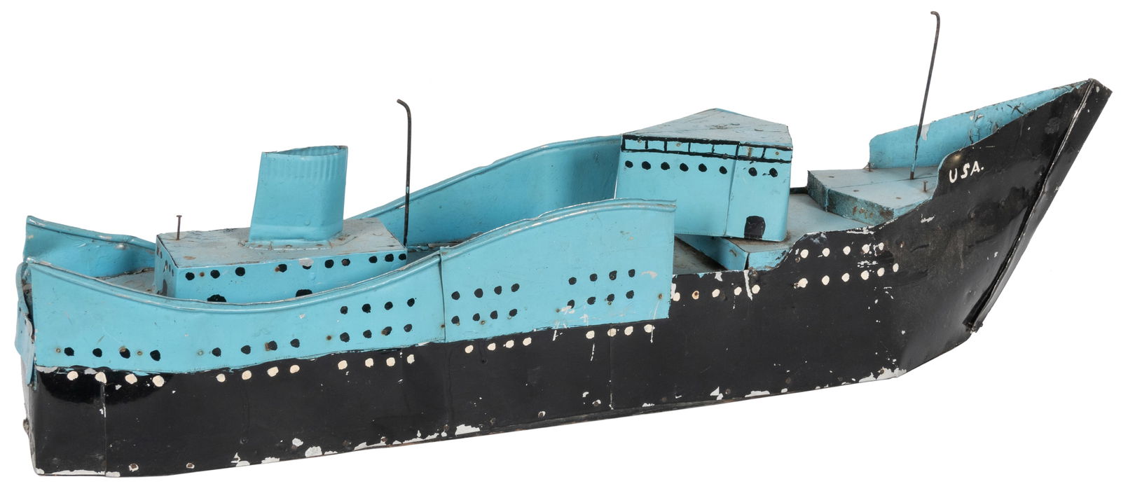 [FOLK ART]. Pair of Handmade and Hand-Painted Ship Models [...: [FOLK ART]. Pair of Handmade and Hand-Painted Ship Models [Ca. 20th century]. Hand-built and painted tin, wood, nail and string model of cargo and cable repair ships. Largest: 13 h x 35 w x 6” d