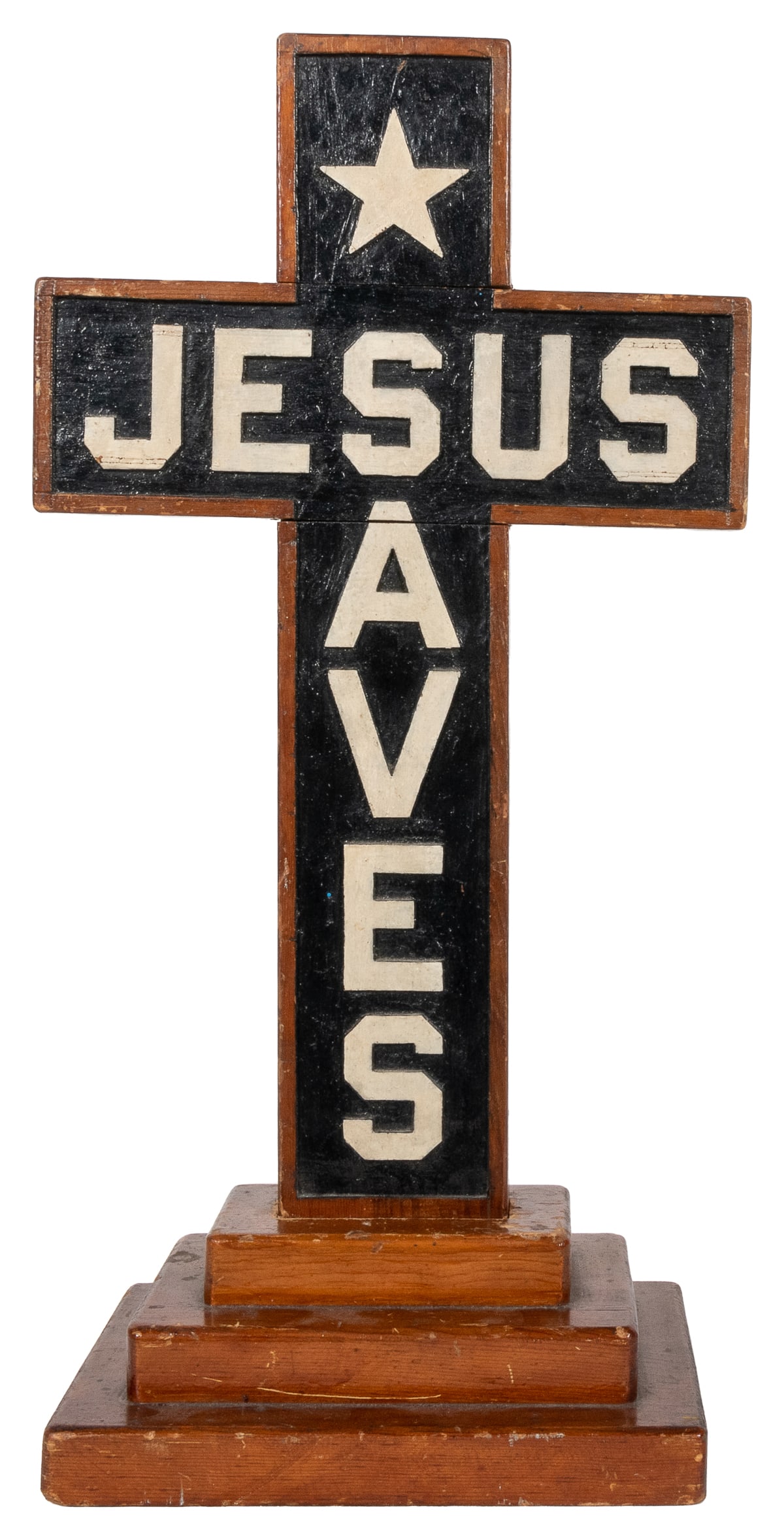 [FOLK ART]. Countertop Hand-Carved, Painted Cross, “Jesus S... (1 of 3)