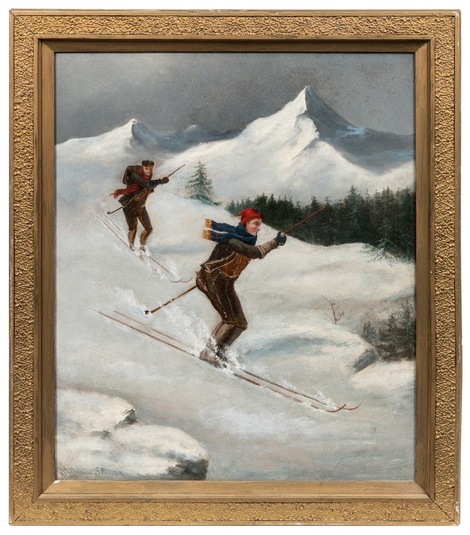 [FOLK ART PAINTING] Artist Unknown. Two Skiers. ca. 1930’s.... (1 of 2)