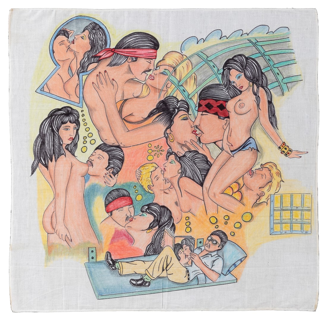[PAÑO ART]. A Group of Three Hand-Drawn Handkerchiefs by P...: [PAÑO ART]. A Group of Three Hand-Drawn Handkerchiefs by Prisoners. [Ca. 1990s-2000s]. Linen handkerchiefs with full color marker art, all featuring erotic imagery of beautiful women, gang life,