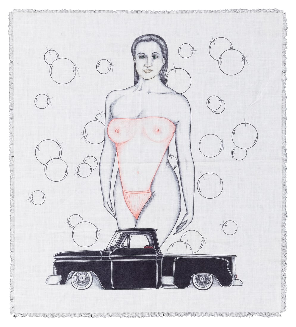 [PAÑO ART]. A Group of Four Hand-Drawn Handkerchiefs by Pr...: [PAÑO ART]. A Group of Four Hand-Drawn Handkerchiefs by Prisoners. [Ca. 1990s-2000s]. Linen handkerchiefs with full color or black and white marker art, all featuring erotic imagery of beautiful