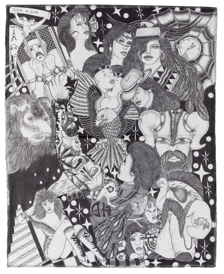 [PAÑO ART]. A Group of Four Hand-Drawn Handkerchiefs by Pr...: [PAÑO ART]. A Group of Four Hand-Drawn Handkerchiefs by Prisoners. [Ca. 1990s-2000s]. Linen handkerchiefs with full color or black and white marker art, all featuring erotic imagery of beautiful