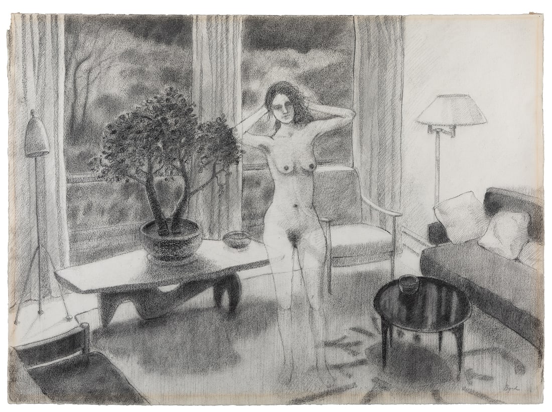 BYRD, Gibson (American, 1923-2002). A Pair of Original Draw...: BYRD, Gibson (American, 1923-2002). A Pair of Original Drawings. Man and the Room” and an untitled charcoal study of a nude in a room. [Ca. 20th century]. Charcoal on paper and ink on paper. Bot
