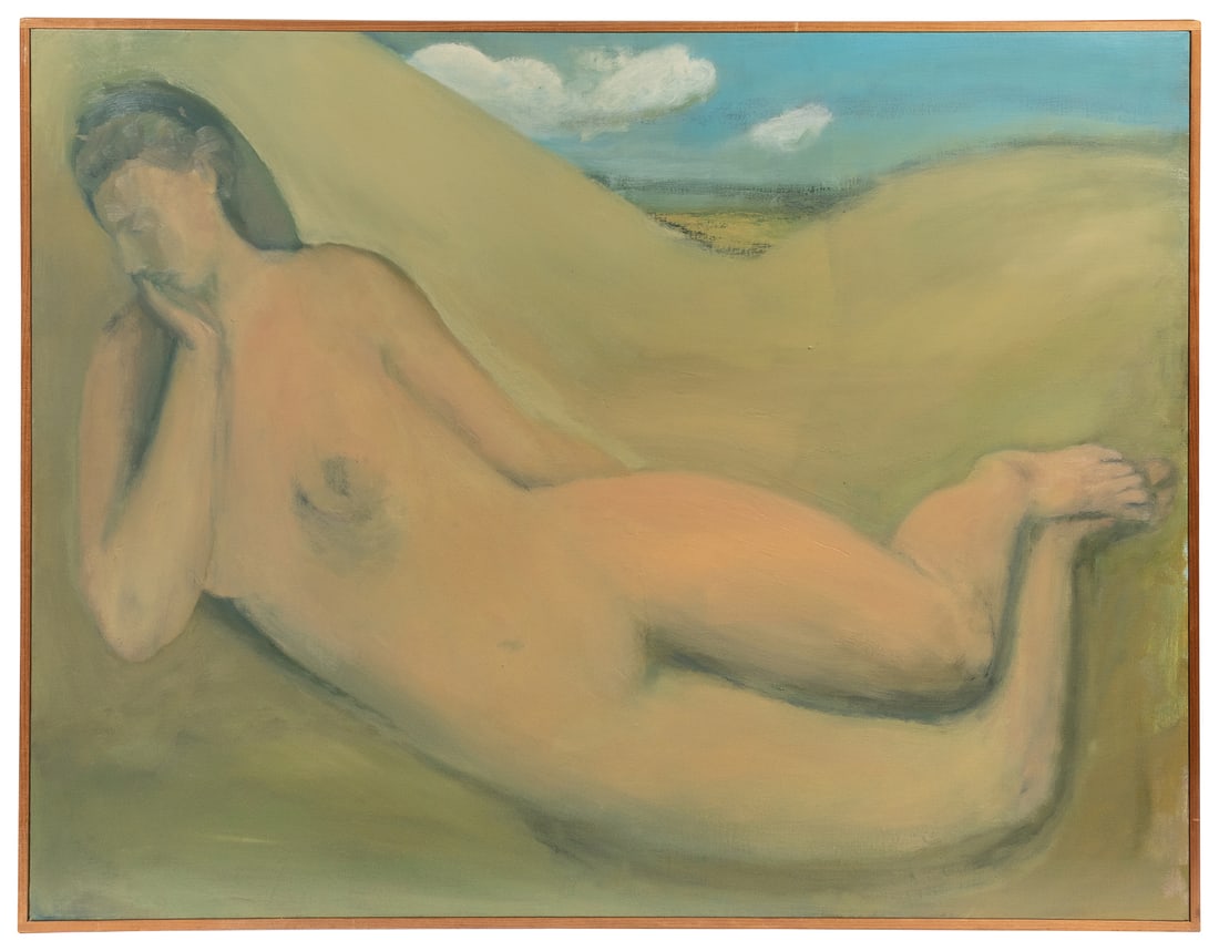 BEAL, Donald (American, b. 1959). The Sleeping Nude. 1989. ...: BEAL, Donald (American, b. 1959). The Sleeping Nude. 1989. Oil on canvas. Signed, titled and dated verso. 42 x 54”. Frame: 43 ¼ x 55 ½”. This work is visually reminiscent of Milt