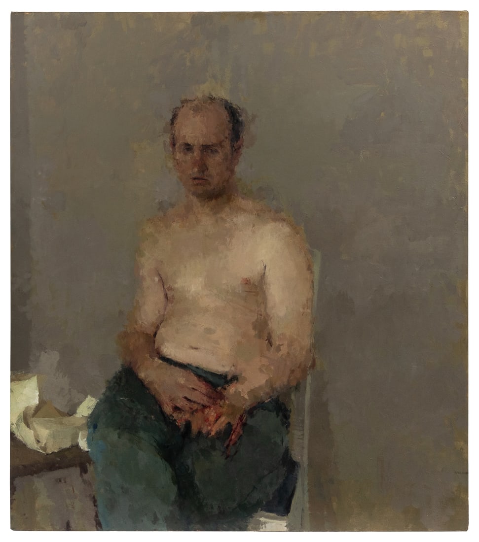 GALE, Ann (American, b. 1966). Jay. 1995. Oil on canvas. Si...: GALE, Ann (American, b. 1966). Jay. 1995. Oil on canvas. Signed. 42 x 36”. Ann Gale is an American figurative painter known for her portrait paintings. They consist of an accumulation of small c