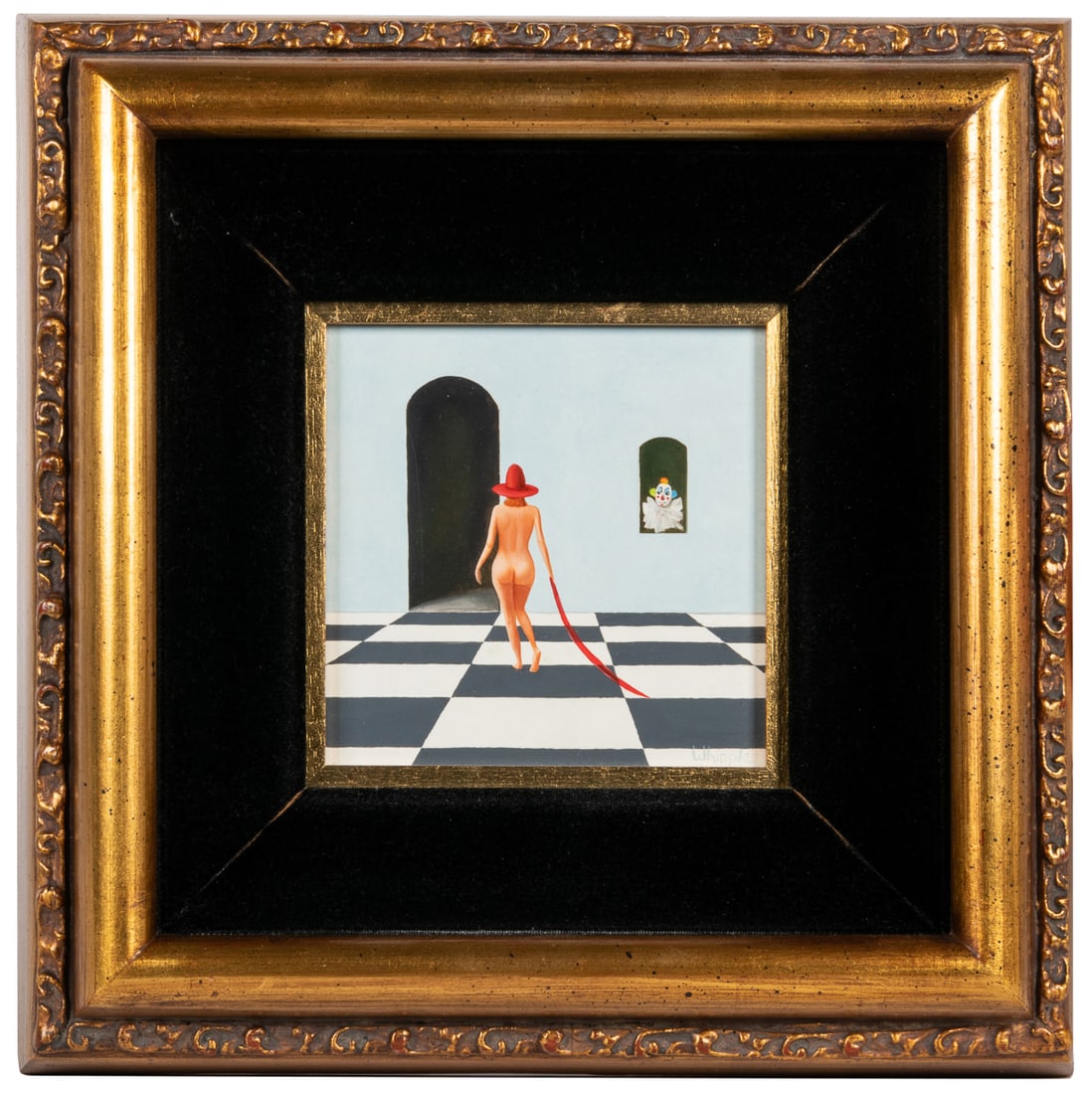 WHIPPLE, Frank (American, 1923-2016). Nuns Painting the Red...: WHIPPLE, Frank (American, 1923-2016). Nuns Painting the Red Barn together with Nude Woman on Checkerboard Floor (Two works). Nuns Painting the Red Barn: [Not dated]. Oil on Masonite. Signed by the art