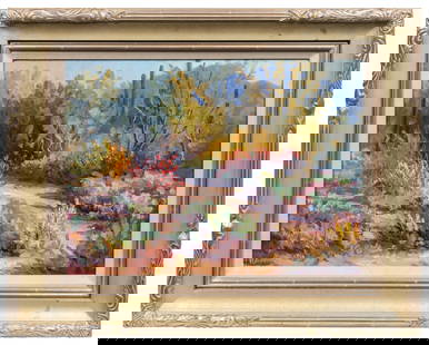 COLEMAN, Michael Lee (American, b. 1941). Celebration South...: COLEMAN, Michael Lee (American, b. 1941). Celebration Southwest-Arroyo with Red Flowers. 1994. Oil on Masonite. Signed at lower left corner and on the rear. Sight 17 ½ x 23”. Frame: 26 x 31