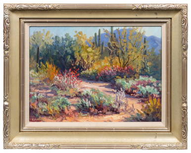 COLEMAN, Michael Lee (American, b. 1941). Celebration South...: COLEMAN, Michael Lee (American, b. 1941). Celebration Southwest-Arroyo with Red Flowers. 1994. Oil on Masonite. Signed at lower left corner and on the rear. Sight 17 ½ x 23”. Frame: 26 x 31