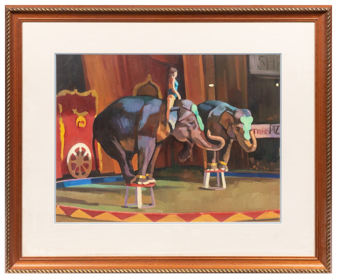 FISHER, Jane (American, b. 1961). Circus Act with Two Eleph...: FISHER, Jane (American, b. 1961). Circus Act with Two Elephants. [Ca. 20th century]. Oil on paper. Signed at lower right corner. Sight: 19 x 25”. Matted and framed under Plexiglas: 30 ½ x 3