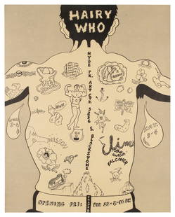 HAIRY WHO (American, 20th century) Jim Falconer, Art Green,...: HAIRY WHO (American, 20th century) Jim Falconer, Art Green, Gladys Nilsson, Jim Nutt, Suellen Rocca, and Karl Wirsum. Exhibition Poster for the Hyde Park Art Center. 1966. Offset lithograph on buff wo