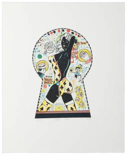 FITZPATRICK, Tony (American, b. 1958) Baby Doll. 1998. Colo...: FITZPATRICK, Tony (American, b. 1958) Baby Doll. 1998. Color etching on paper. Signed, titled and numbered lower margin. Edition 30/45. Image: 10 ½ x 6 ½”. Sheet: 15 ½ x 13 ”