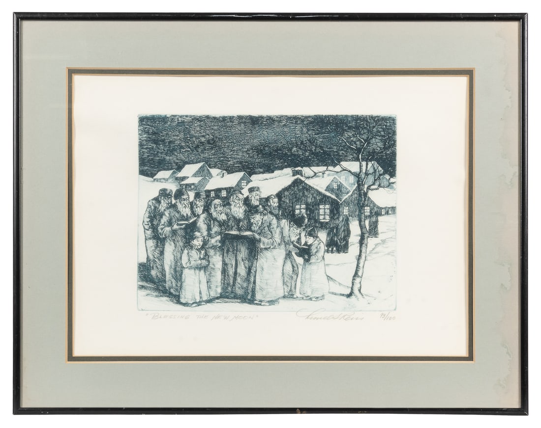 REISS, Lionel S. (Polish-America, 1894-1986). “Blessing the...: REISS, Lionel S. (Polish-America, 1894-1986). “Blessing the New Moon”. [Not dated]. Etching on paper. #93/100, signed by the artist at the lower right corner. Framed and matted under glass