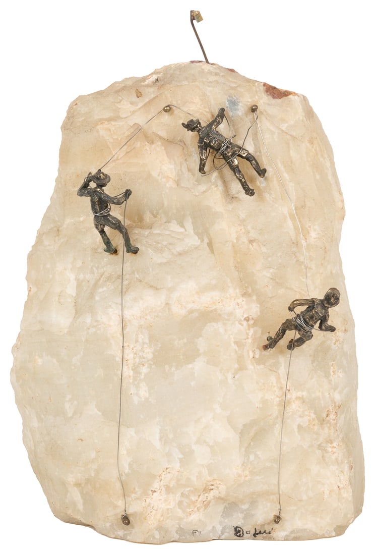 CURTIS JERÉ (FREILER, Curtis (American, 1910-2013) and FELS...: CURTIS JERÉ (FREILER, Curtis (American, 1910-2013) and FELS, Jerry (American, 1917-2007)). Sculpture of Three Mountaineers Ascending a Rock Face. [Ca. 20th century]. Quartz and metalwork sculptur
