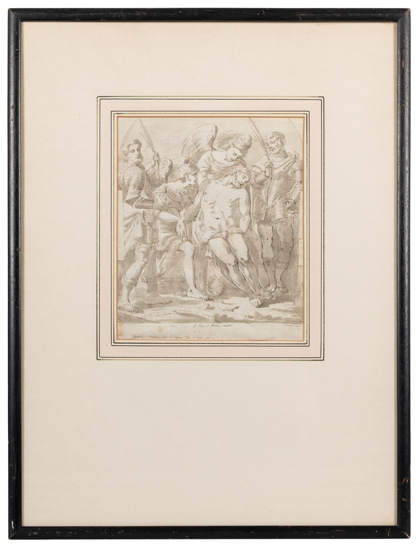 [BALLINI, Camillo (Italian, 1540-1592), ATTRIBUTION]. Chri...: [BALLINI, Camillo (Italian, 1540-1592), ATTRIBUTION]. Christ Mourned by Two Angels. 1578. Ink and watercolor on laid paper. Signed and captioned at the bottom margin (much of this information is illeg