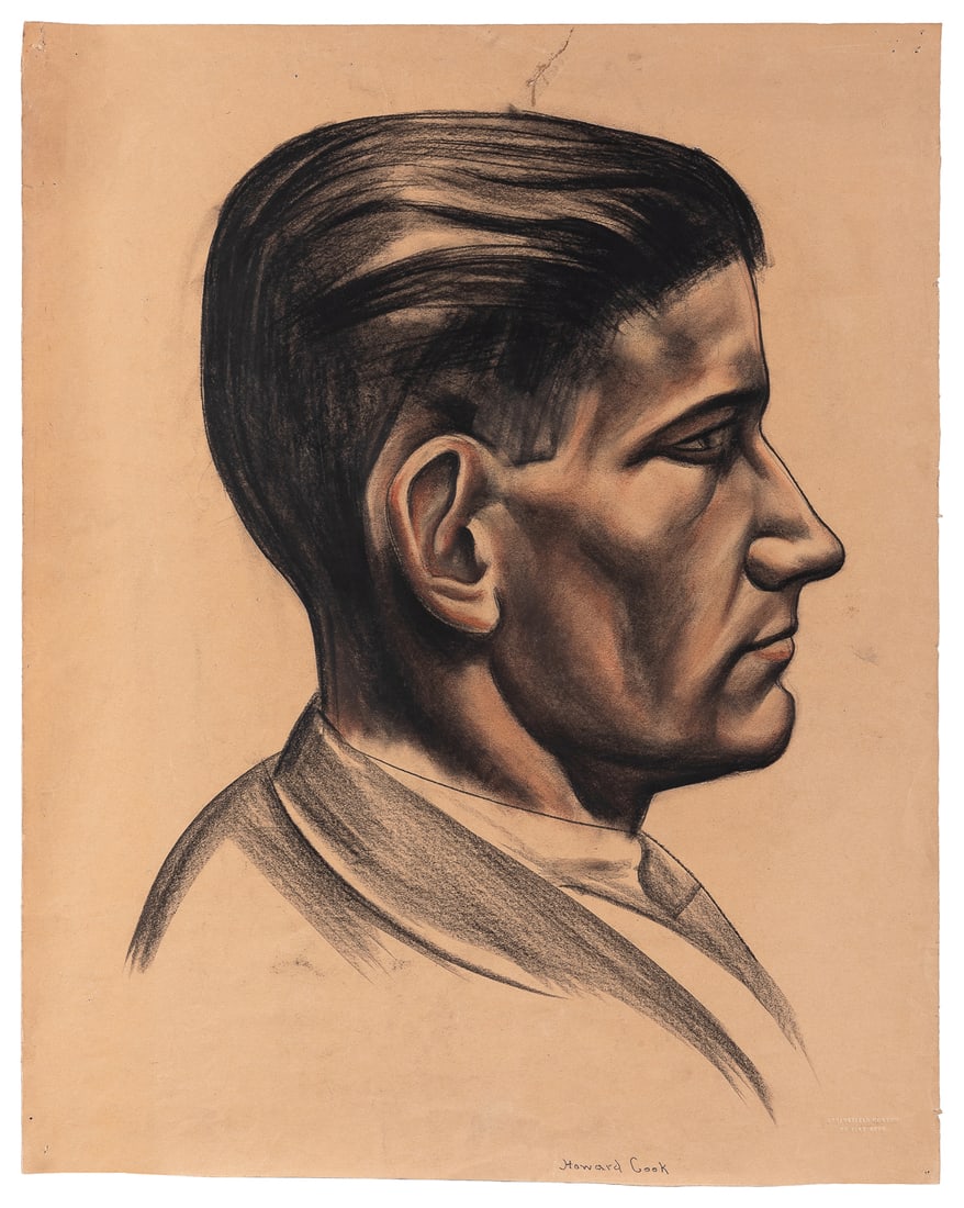 COOK, Howard N. (American, 1901-1980). Portrait of Wallie C...: COOK, Howard N. (American, 1901-1980). Portrait of Wallie Clow. [Ca. 1930s]. Charcoal and pastel on brown paper. Signed at lower right margin. Approximately 26 ½ x 21”. The second photo in 