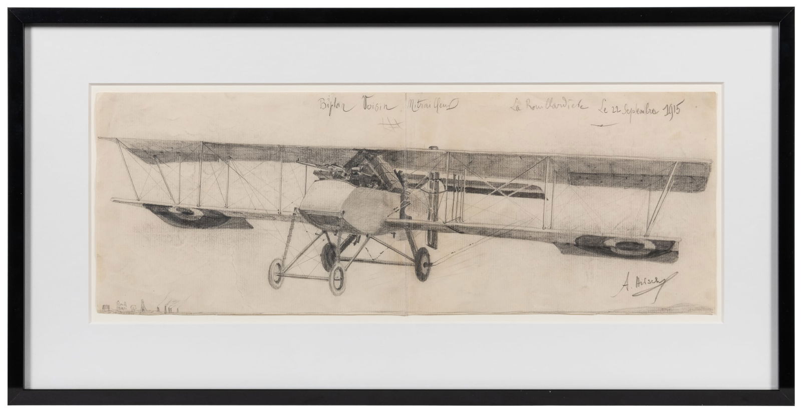 [WORLD WAR I ART]. HIRSCH, A (French, 19th century). Biplan...: [WORLD WAR I ART]. HIRSCH, A (French, 19th century). Biplan Voisin Mitrailleur (Voisin Machine Gunner Biplane). La Rouillardiere, France, September 22, 1915. Original pencil on paper. Signed lower rig