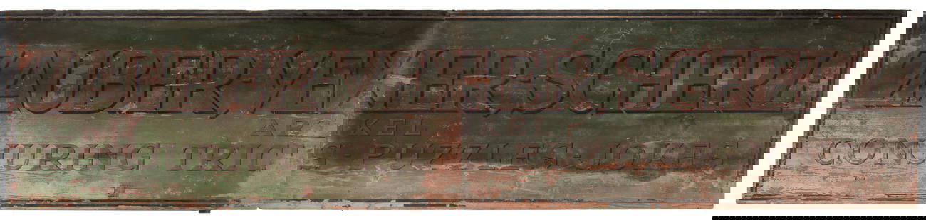 Klingl Magic Shop Trade Sign. Vienna, ca. 1876. Heavy woode...: Klingl Magic Shop Trade Sign. Vienna, ca. 1876. Heavy wooden hand painted exterior trade sign lettered in red and gold on a green field with the text “Zauber – Vexler – Scherz / Arti