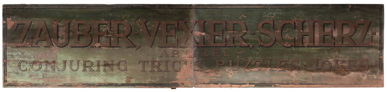 Klingl Magic Shop Trade Sign. Vienna, ca. 1876. Heavy woode...: Klingl Magic Shop Trade Sign. Vienna, ca. 1876. Heavy wooden hand painted exterior trade sign lettered in red and gold on a green field with the text “Zauber – Vexler – Scherz / Arti