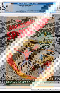 Amazing Spider-Man #1 (Marvel Comics, 1963) CGC FN- 5.5 Off...: Amazing Spider-Man #1 (Marvel Comics, 1963) CGC FN- 5.5 Off-white to white pages. Spider-Man’s origin is retold. First Fantastic Four crossover. First appearances of J. Jonah Jameson, John