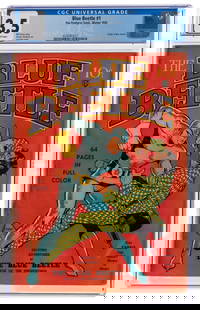 Blue Beetle #1 (Fox Features Synd., 1939) CGC VG- 3.5 Off-w...: Blue Beetle #1 (Fox Features Synd., 1939) CGC VG- 3.5 Off-white pages. Features the origin of the Blue Beetle. Written by Spirit creator Will Eisner, cover art by Lou Fine. Contains reprints from