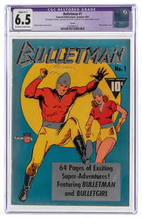 Bulletman #1 Larson Pedigree (Fawcett Publications, 1941) C...: Bulletman #1 Larson Pedigree (Fawcett Publications, 1941) CGC Apparent FN+ 6.5 Slight (C-1) Off-white to white pages. Silver metallic cover. Bulletgirl cover appearance. Charles Sultan cover and art.