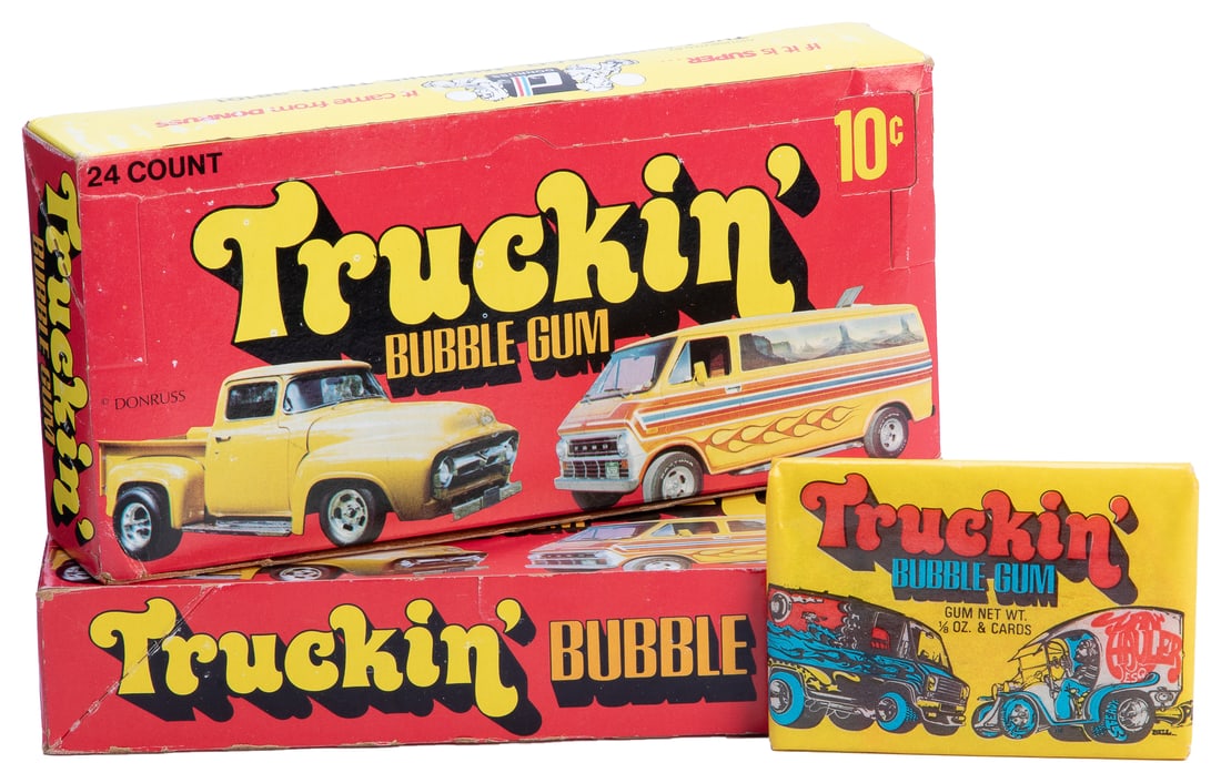 1975 Donruss Truckin’ Pair of Full Wax Boxes. Two boxes, ea...: 1975 Donruss Truckin’ Pair of Full Wax Boxes. Two boxes, each with 24 sealed wax packs of cards which feature color depictions of trucks and vans by Dodge, Ford, Chevy and other auto manufacture