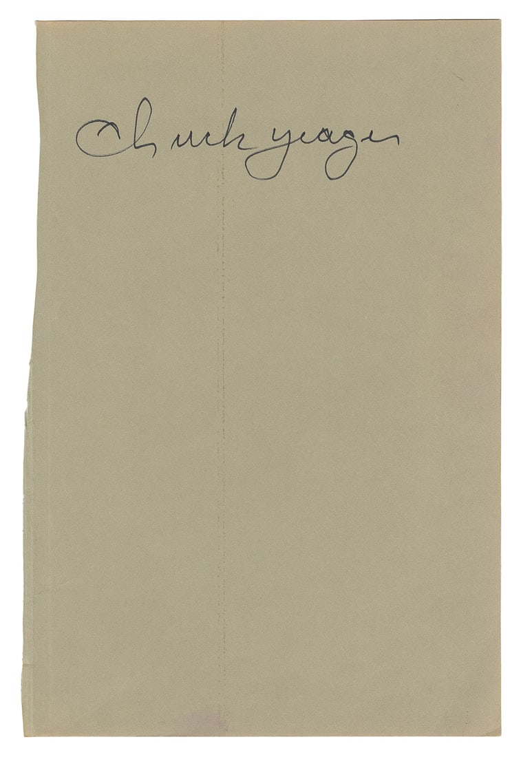 [AVIATION]. YEAGER, Chuck. Signed page. [N.p., n.d.]. 9 x 6... (1 of 1)