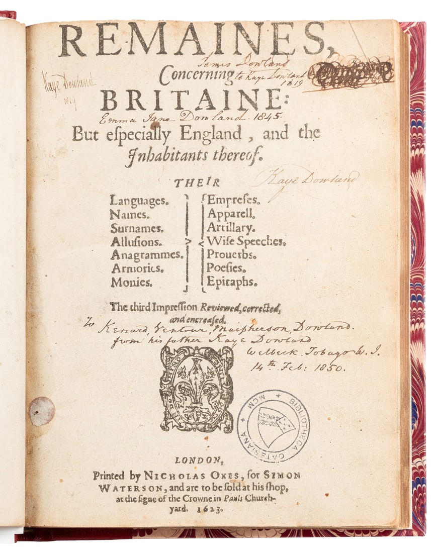 CAMDEN, William (1551-1623). Remaines Concerning Britaine: ... (1 of 2)