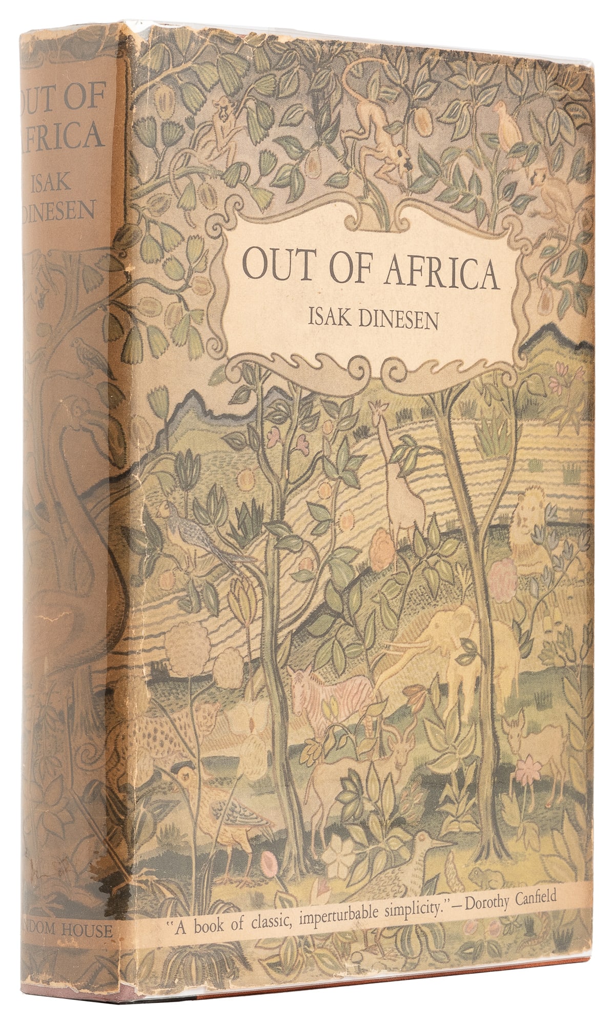 DINESEN, Isak [Karen Blixen] (1885-1962). Out of Africa. Ne...: DINESEN, Isak [Karen Blixen] (1885-1962). Out of Africa. New York: Random House, 1938. 8vo. Original black and orange cloth gilt, top edge stained green (front hinge slightly starting at title–p