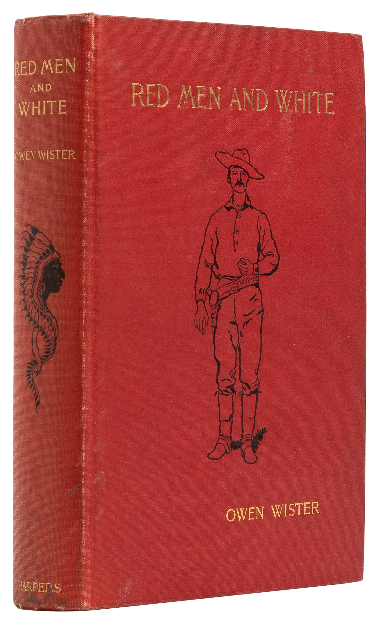 WISTER, Owen (1860-1938). Red Men and White. New York: Harp...: WISTER, Owen (1860-1938). Red Men and White. New York: Harper Brothers, 1896. 8vo. Illustrations by Frederic Remington. Original pictorial reddish-brown cloth (front joint a bit skewed). Provenance: A