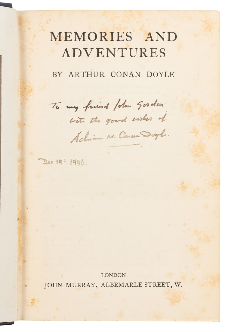 DOYLE, Arthur Conan (1859-1930). Memories and Adventures. L...: DOYLE, Arthur Conan (1859-1930). Memories and Adventures. London: John Murray, [1930]. 8vo. Portrait frontispiece of Doyle. (Spotting to title-page and preliminaries). Original gilt–lettered blu