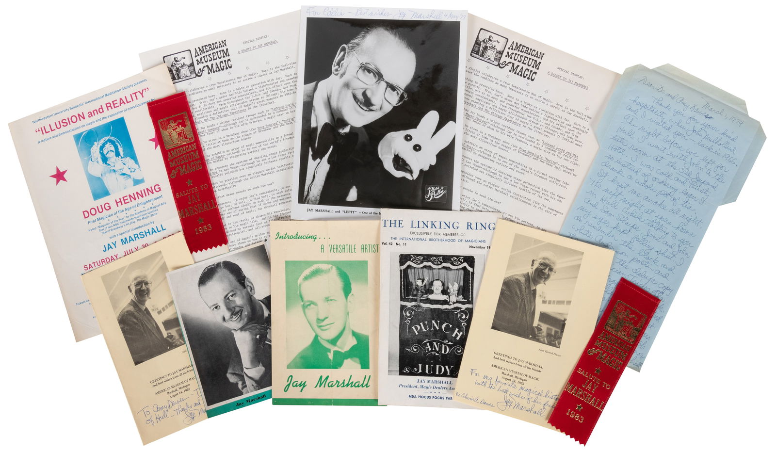 MARSHALL, Jay (James Ward Marshall, 1919 - 2005). Group of ...: MARSHALL, Jay (James Ward Marshall, 1919 - 2005). Group of Jay Marshall Ephemera. 1930s – 80s, and including a INSCRIBED AND SIGNED 8 x 10” portrait with Lefty, an early advertising brochu