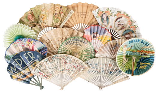 [ADVERTISING FOLDING FANS]. Group of 14 Folding Fans Advert...: [ADVERTISING FOLDING FANS]. Group of 14 Folding Fans Advertising Restaurants or Food. [France and Japan, ca. 1890s-1920s]. Color lithographed or pochoir folding fans, with imagery on the front and