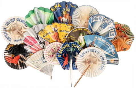 [ADVERTISING FOLDING FANS]. Group of 17 Folding Fans Advert...: [ADVERTISING FOLDING FANS]. Group of 17 Folding Fans Advertising Beverages. [France: ca. 1890s-1920s]. Color lithographed or pochoir folding fans, most with imagery on the front and imagery and/or