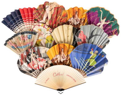 [ADVERTISING FOLDING FANS]. Group of 13 Folding Fans Advert...: [ADVERTISING FOLDING FANS]. Group of 13 Folding Fans Advertising Fashion or Accessories. [France and Japan: ca. 1890s-1920s]. Color lithographed or pochoir folding fans, most with imagery on the