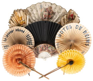 [ADVERTISING FOLDING FANS]. Group of 13 Folding Fans Advert...: [ADVERTISING FOLDING FANS]. Group of 13 Folding Fans Advertising Various Commodities. [France and Japan: ca. 1890s-1920s]. Color lithographed or pochoir folding fans, most with imagery on the front