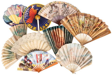 [ADVERTISING FOLDING FANS]. Group of 10 Folding Fans Advert...: [ADVERTISING FOLDING FANS]. Group of 10 Folding Fans Advertising Various Commodities. [France and Japan: ca. 1890s-1920s]. Color lithographed or pochoir folding fans, most with imagery on the front