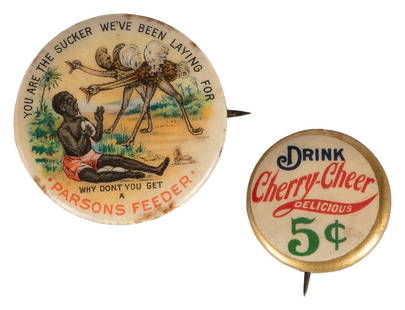 [AFRICAN AMERICANA]. Rare Celluloid Pinback for Parson’s Fe...: [AFRICAN AMERICANA]. Rare Celluloid Pinback for Parson’s Feeder, “You Are Sucker We’ve Been Laying for / Why Don’t You Get a Parsons Feeder”. [Newark: Allied Printing,