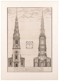 [ARCHITECTURE]. The Elevation or Prospect of the West end o...: [ARCHITECTURE]. The Elevation or Prospect of the West end of the Steeple of St. Bridget at Brides in Fleetstreet London… Sr. Chr. Wren Kt. Architect Mr Saml. Foulks Mason. 1680. Large