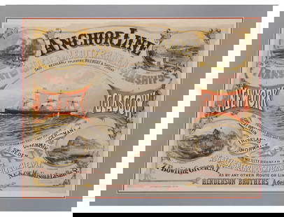 Anchor Line. New York: Nesbitt & Company, [ca. 1860s]. Colo...: Anchor Line. New York: Nesbitt & Company, [ca. 1860s]. Color lithograph advertisement for the Anchor Line with a large vignette of a ship at center and four vignettes of popular travel destinations.