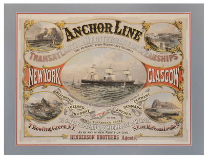 Anchor Line. New York: Nesbitt & Company, [ca. 1860s]. Colo...: Anchor Line. New York: Nesbitt & Company, [ca. 1860s]. Color lithograph advertisement for the Anchor Line with a large vignette of a ship at center and four vignettes of popular travel destinations.