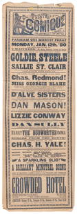 [BROADSIDES]. [THEATRE]. Group of 11 Broadsides for East Co...: [BROADSIDES]. [THEATRE]. Group of 11 Broadsides for East Coast Theatres. [V.p., ca. 1870s-1880s]. Printed broadsides on white, purple, or yellow paper. Sizes generally 41 x 14”. All worn,