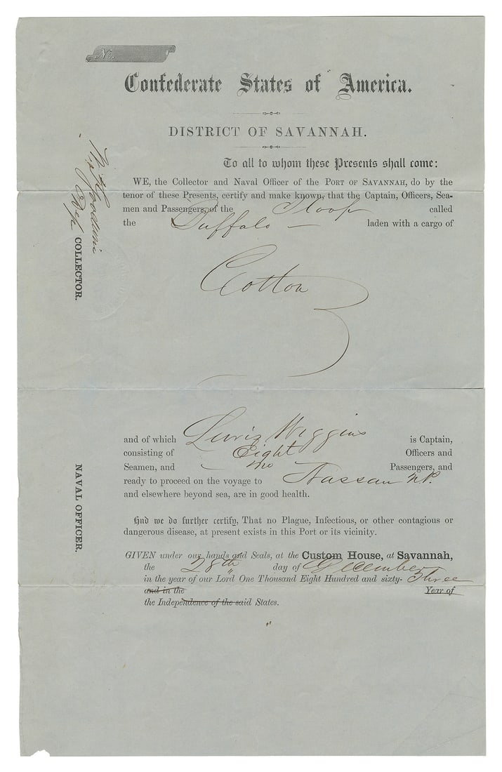 [CIVIL WAR]. Confederate States of America “Bill of Health”... (1 of 1)